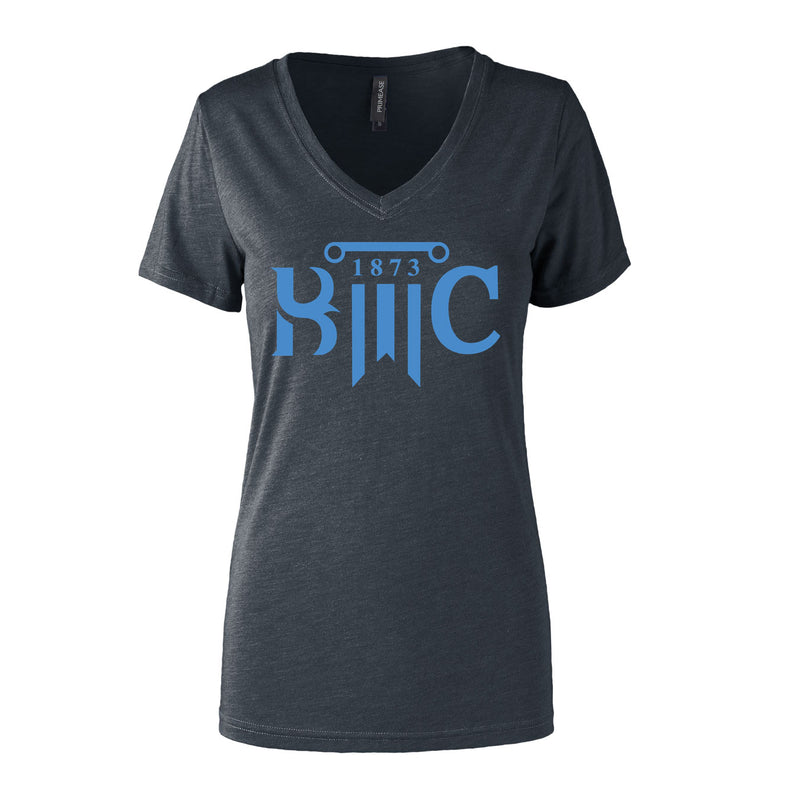 Women's Semi- Fitted Premium V- Neck T-Shirt  - Charcoal Heather - Logo Text Drop