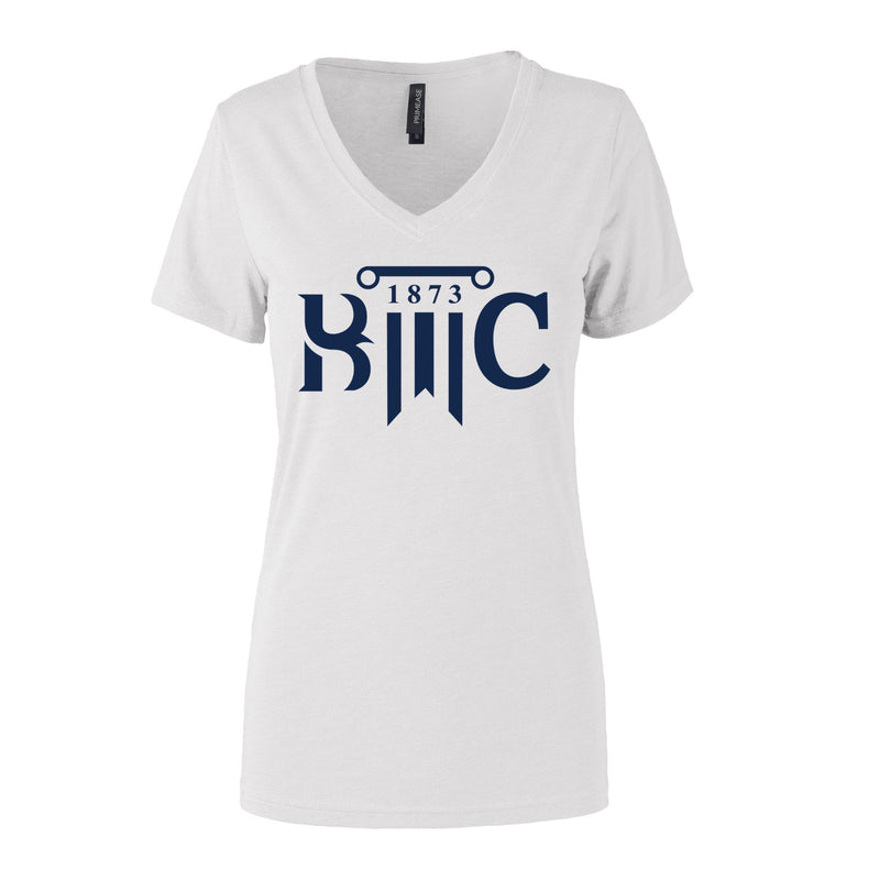Women's Semi- Fitted Premium V- Neck T-Shirt  - White - Logo Text Drop