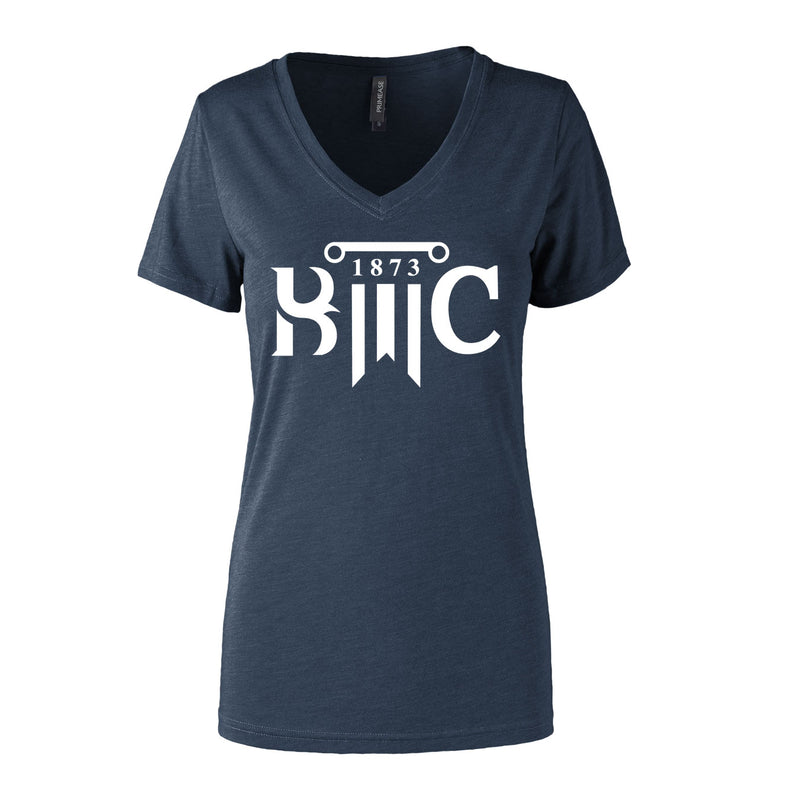 Women's Semi- Fitted Premium V- Neck T-Shirt  - Navy Heather - Logo Text Drop